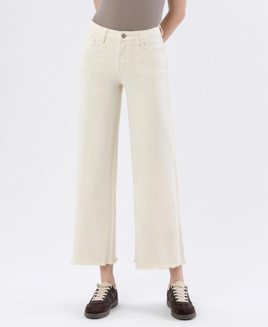 QUIETER HIGH RISE RAW HEM ANKLE WIDE LEG JEANS