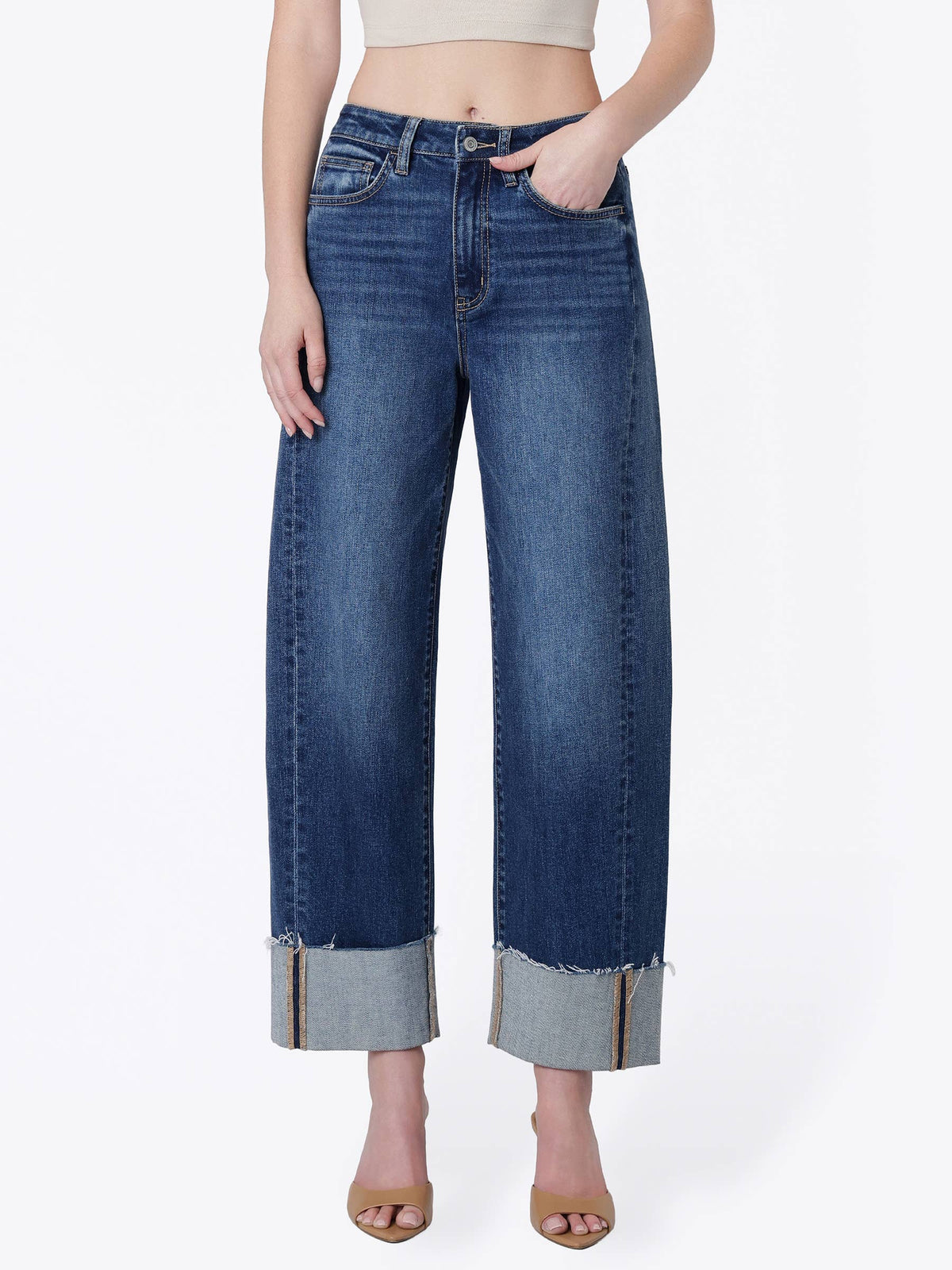 SUPER HIGH RISE SIDE PANELED CUFF BARREL JEANS