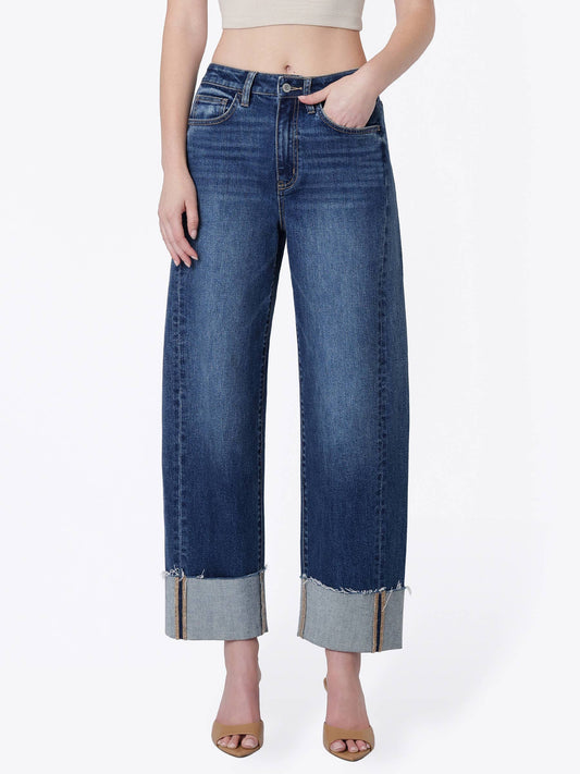 SUPER HIGH RISE SIDE PANELED CUFF BARREL JEANS