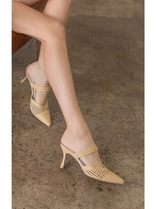 THE TIA PINTED TOW RAFFIA KITTEN HEEL