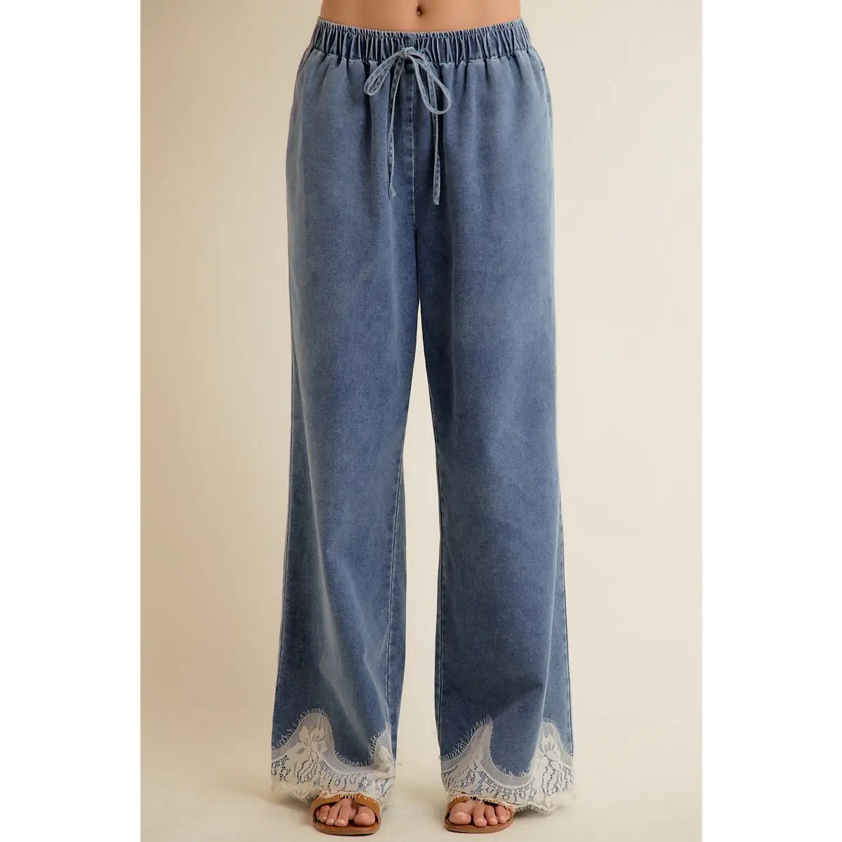 LACE TRIM WIDE LEG DENIM PANTS
