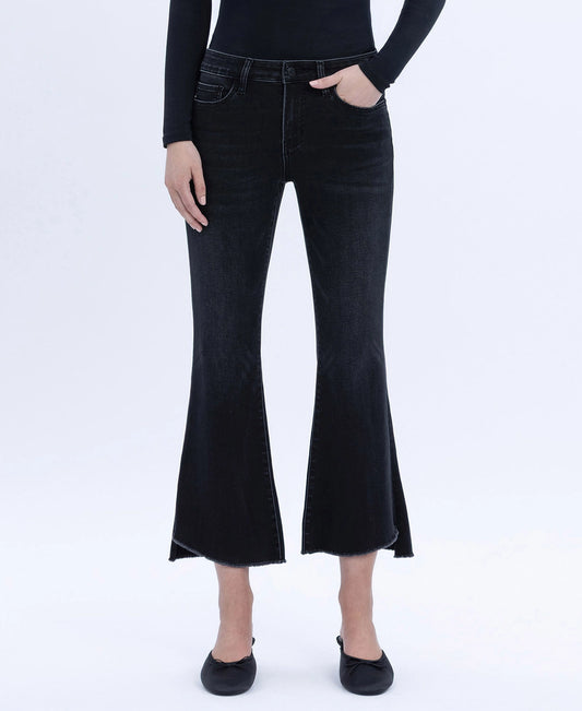 BLACK MID RISE CROP FLARE JEANS