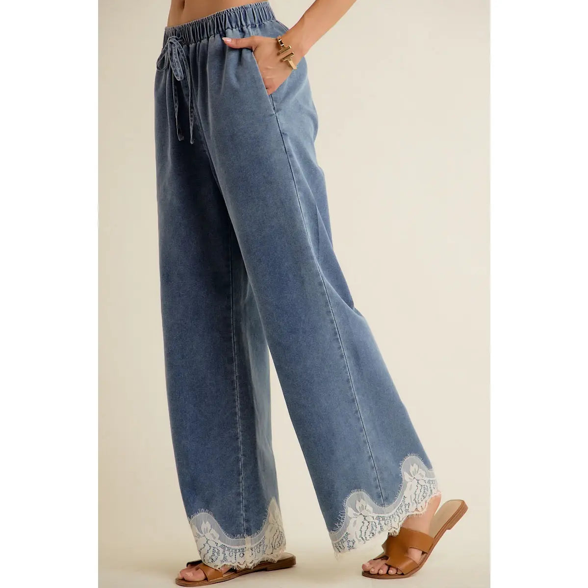 LACE TRIM WIDE LEG DENIM PANTS