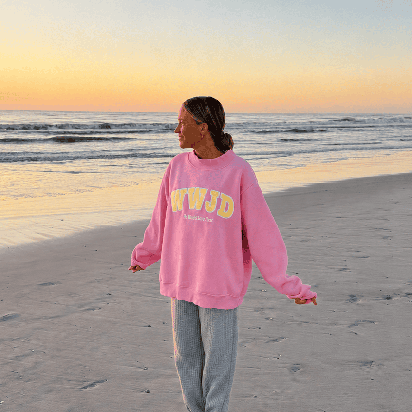 WWJD PINK AND YELLOW HEAVY WEIGHT MOCKNECK CREW