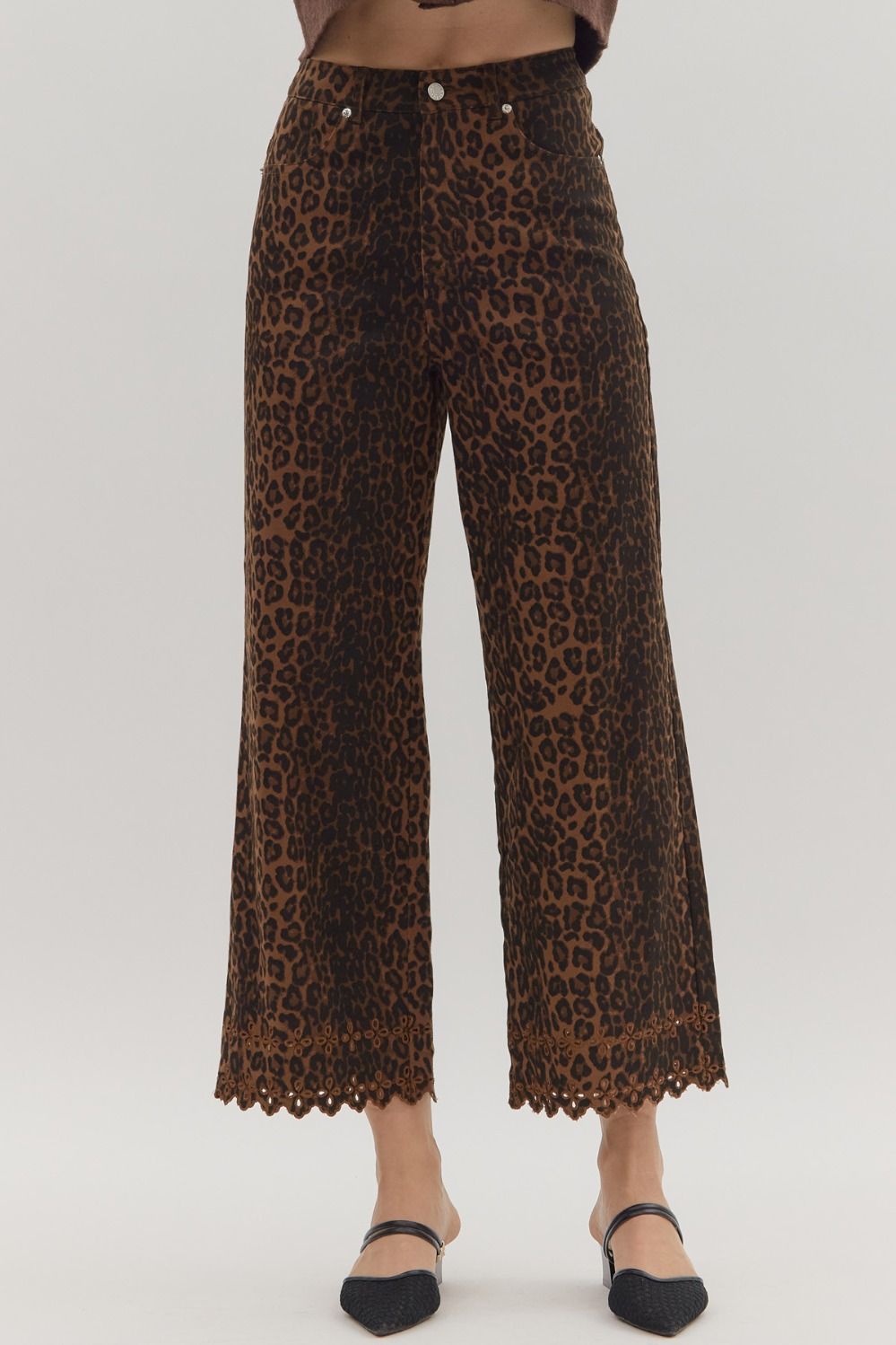 EMBROIDERED HEM LEOPARD PRINT PANTS
