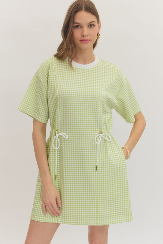 CINCHED WAIST GINGHAM MINI DRESS