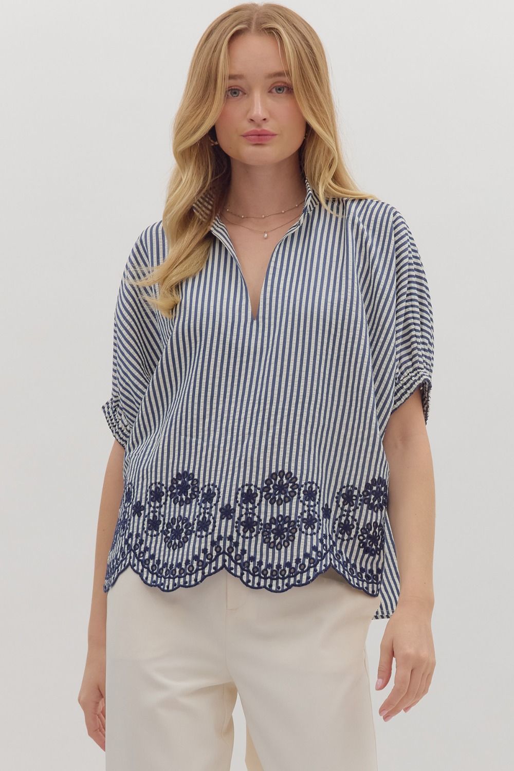 EMBROIDERED SCALLOPED HEM BLOUSE