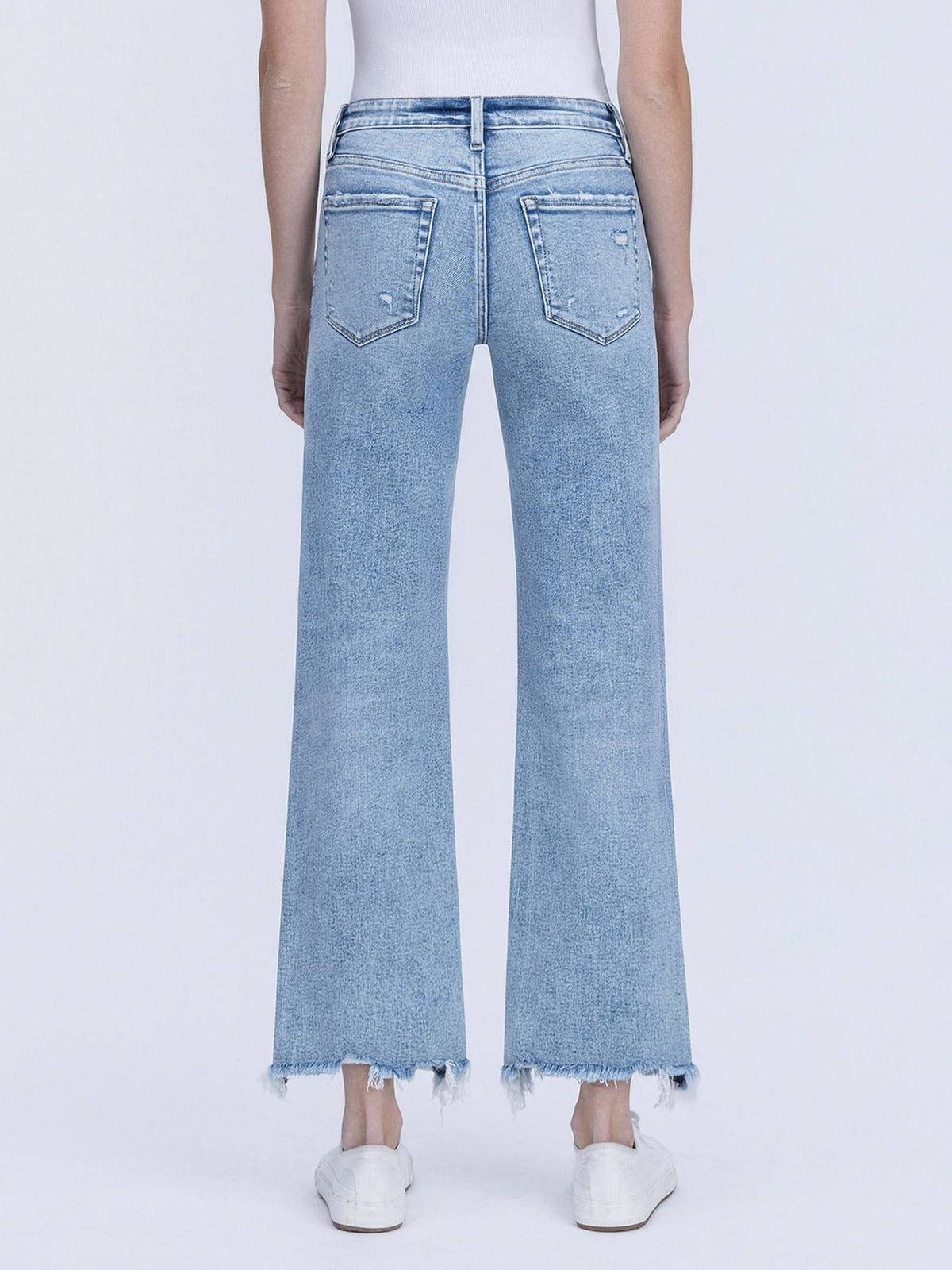 MID RISE UNEVEN RAW HEM SLIM WIDE JEANS